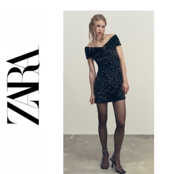 Zara Black Glitter Off-Shoulder Mini Dress NWT - Picture 1 of 3